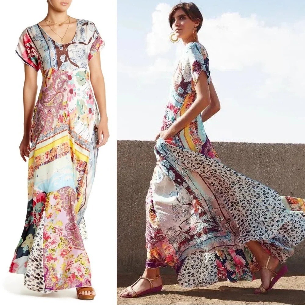 Johnny Was Tropic Georgette Print Silk Maxi Dress PXXL Petite Patchwork Floral